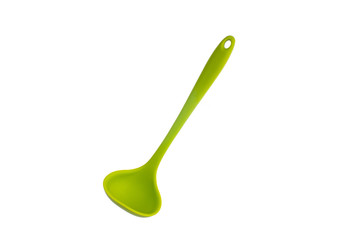 Single silicone green small plastic ladle close up shot isolated on pure white