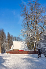 Traditional wooden house by the entrance to Mala Laka Valley (Dolina Malej Laki) nearby Zakopane in Tatra Mountains, POland
