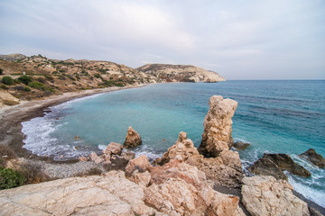 Love beach. Aphrodite's Rock. Aphrodite's birthplace near Paphos City. The rock of the Greek Petra...