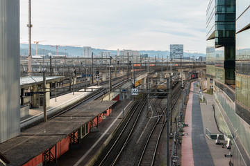 Fototapeta na wymiar High vantage point view of train railway depot in Zurich city Switzerland