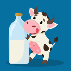 Cute cow smiles and holds milk in her hands. Spotted pet for advertising dairy products, children's literature, postcards and any designs.