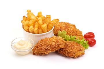 Chicken fillet in bread crumbs with french fries, isolated on white background