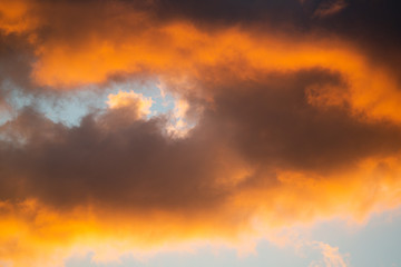 Obraz premium Intensely colored puffy clouds at sunset with yellows blue and pinks set against clear sky
