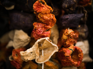 Dried tomatoes hanging in a market in Istanbul. 