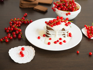 Sweet dessert. Chocolate cookies with a sweet vanilla sauce and fresh red currants berries