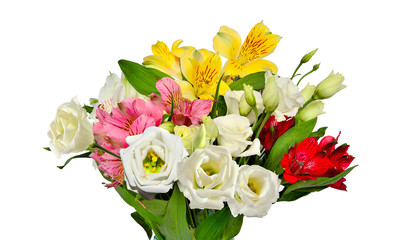 Bouquet of beautiful multicolored Alstroemeria flowers and white Eustoma (Lisianthus) flowers isolated on white background - delicate detail of spring or summer floral festive or romantic design