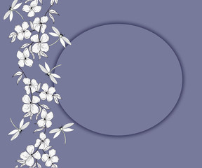 Postcard, template for the logo of white flowers on a dark background. Graphic stylized flowers and decorative elements. 