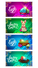 Fototapeta premium Happy Easter, collection colorful horizontal postcards with Easter icons, lettering and frame of garland. Easter horizontal postcards with liquid abstract shapes on background