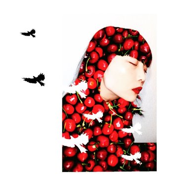 Multiple Exposure Of Young Woman With Birds And Cherries Against White Background