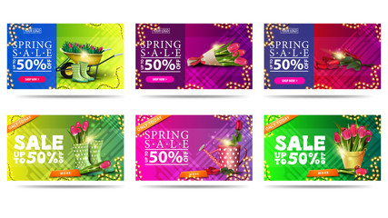 Spring sale, up to 50% off, large collection colorful discounts banners with spring icons and liquid abstract shapes on background. Collection spring discounts templates isolated on white