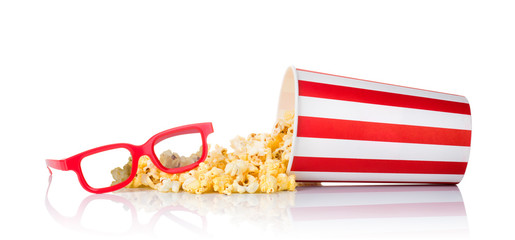 Set of bucket with popcorn and 3D glasses isolated on white background