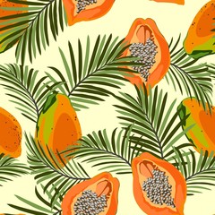 Seamless pattern with papaya fruits and palm leaves. Tasty tropic background, grunge decorative texture. 