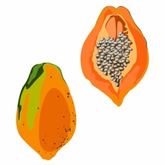 Summer fruits for healthy lifestyle. Papaya, whole fruit and half. Illustration cartoon flat icon isolated on white background.