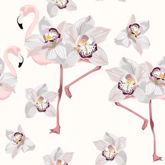 Cercles muraux Orchidee Fond tropical sans couture avec des fleurs d& 39 orchidées exotiques, oiseau de paradis flamant rose. Illustration botanique vintage.