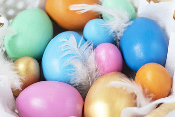 Green, blue, pink, orange, golden eggs in the basket. Happy Easter!