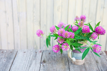 Trifolium pratense. Clover flowers on wooden background. Beautiful purple wildflower bouquet. Medicinal plants.