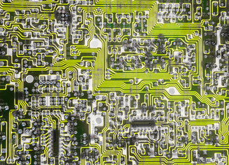Microchip green board. Electronic device with contacts.