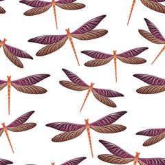 Dragonfly girlish seamless pattern. Spring dress fabric print with darning-needle insects. Flying 