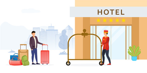 Fancy five star hotel doorman in red uniform rolling out the baggage cart or luggage trolley outdoors to help a visitor man with his suitcases and bags. Vector illustration