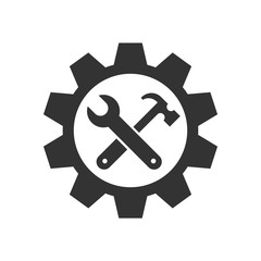 Wrench and hammer inside gear flat illustration. Tools icon isolated on white background