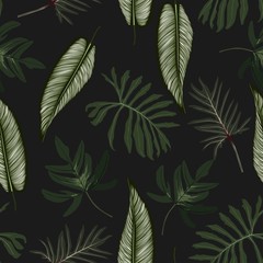 Naklejka na ściany i meble Abstract seamless tropical pattern with colorful leaves on black background. Seamless exotic pattern with tropical plants. Exotic wallpaper. Trendy summer Hawaii print.