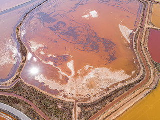 Aerial picture of Trapani salt evaporation pondsand salt crystals are harvested as water dries up sometimes these ponds have vivid colours, Sea salt farm or salt evaporation plant.