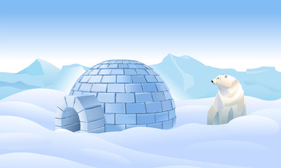 Igloo in the north. Housing in the north. Bear have an igloo. Northern landscape. Life in the north in the ice. Polar bear have an igloo. Vector illustration - obrazy, fototapety, plakaty