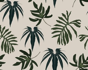 Abstract seamless tropical pattern with dark colorful leaves on vintage background. Seamless exotic pattern with tropical plants. Exotic wallpaper. 