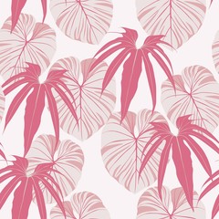 Fototapeta na wymiar Abstract seamless tropical pattern pink colorful leaves and plants on white background. Seamless exotic pattern with tropical plants. Exotic wallpaper. Trendy summer Hawaii print.
