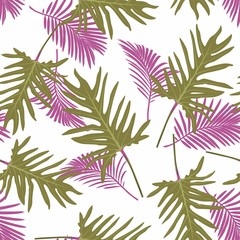 Abstract seamless tropical pattern with green pink leaves on white background. Seamless exotic pattern with tropical plants. Exotic wallpaper. Trendy summer Hawaii print.