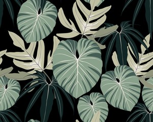Floral seamless pattern, green, black and white tropical leaves plant with on black background, vintage theme.