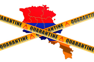 Quarantine in Armenia concept. Armenian map with caution barrier tapes, 3D rendering