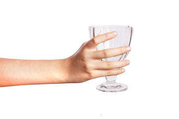A woman is holding a hand and a glass on a white background