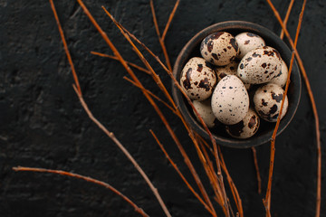 Obraz premium wooden bowl filled with quail eggs on a dark background. Creative food concept.
