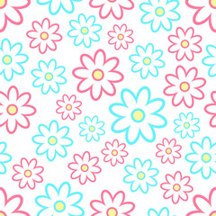 Beautiful blue and red daisy flowers isolated on white background. Seamless pattern. Vector graphic illustration. Texture.