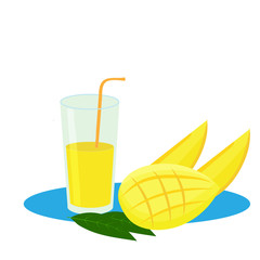 Glass of mango fruit juice, cut into pieces of mango, its wedges, isolated on a white background. Vector flat illustration.