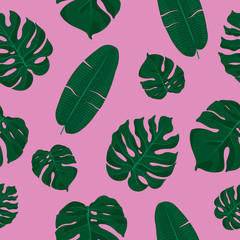 Monstera and palm leaves. Seamless pattern. Green leaves on pink background. Vector backdrop for textile, posters, flyers, wallpapers etc.