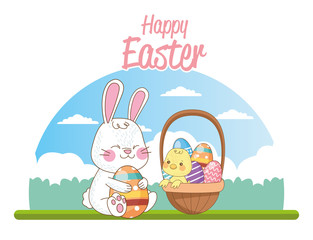 happy easter seasonal card with chick and rabbit in basket