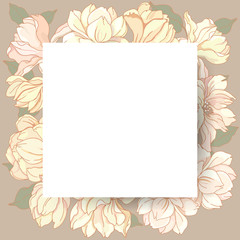 White, rectangular frame on a background of gently pink magnolia flowers. Design element for banners, cards, flyers.