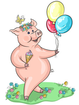 Piggy, the symbol. With balloons and ice cream in a wreath of flowers walking in a clearing. The occasion of 1 June - children's Day.