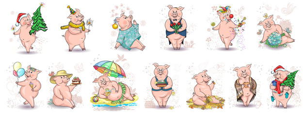 A set of cute piglets in different compositions. A variety of emotions. Drawings of characters for the calendar, dishes , clothes. Vector graphics.