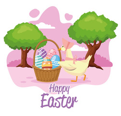 happy easter seasonal card with eggs painted in basket and duck