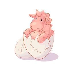 Newborn, pink dino unicorn hatched from an egg. Creative vector illustration for decoration of cards, congratulations, print on clothes.