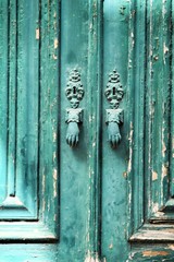 Door knockers with hand shape on green wooden door