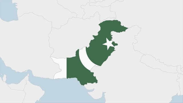 Pakistan map highlighted in Pakistan flag colors and pin of country capital Islamabad.