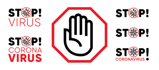 Stop Virus Pandemic Coronavirus Poster. Stop Palm Icon. Novel Coronavirus Bacteria. For Quarantine and Protective Logo. Red Vector illustration with Editable Line Icon