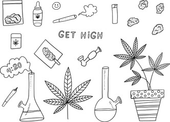 Marijuana black and white vector doodle set, big collection of cartoon design of medical cannabis or smoking weed objects isolated on the white background. Cannabis collection.