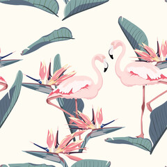 Pink flamingo, strelitzia leaves and flowers, light yellow background. Floral seamless pattern. Tropical illustration. Exotic plants, birds. Summer beach design. Paradise nature. - obrazy, fototapety, plakaty