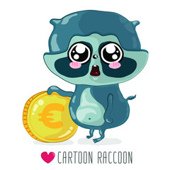 Vector. Set in the style of hand drawing, comic illustration outline. Small, cute, surprised raccoon with a huge coin.
