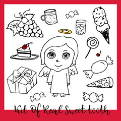 Set in the style of hand drawing, comic illustration outline. Kit of sweet angel.